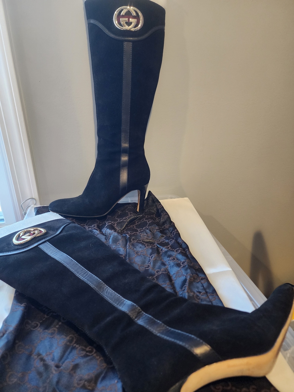 Authentic Gucci Black Suede Knee-High Boots with Gold Double G Emblem